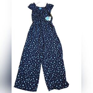 CeCe Blue Square Neck Scattered Floral Wideleg Jumpsuit Size 8 NWT